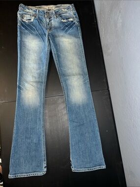 Distressed Light Blue Flared Jeans - W Wide Leg. Unicorn / Pegasus embroidery.